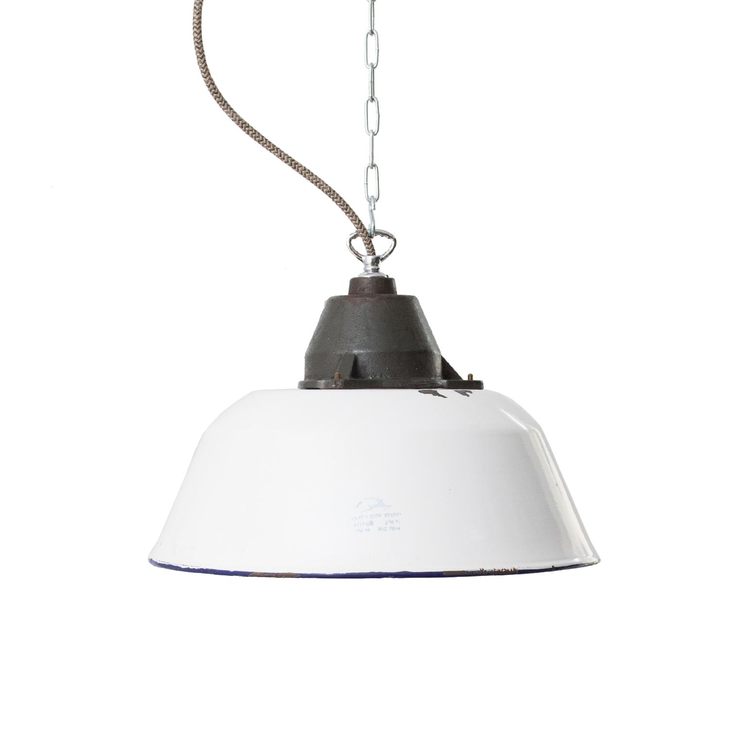 Alte weiße Industrielampe mit Patina Eisenkopf Ø 36 cm