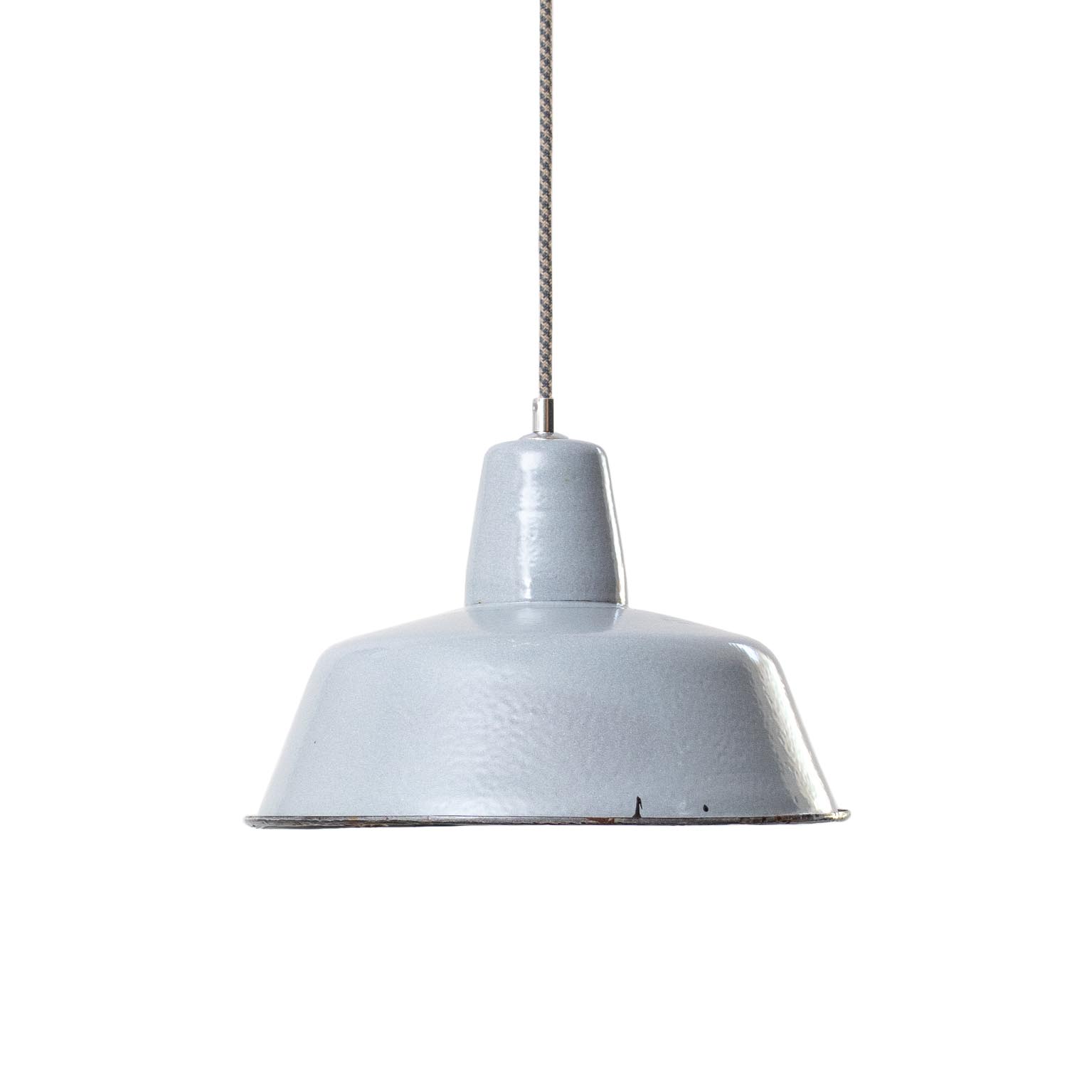 Vintage eisgraue emaillierte Industrielampe Ø 32 cm mit Aufdruck